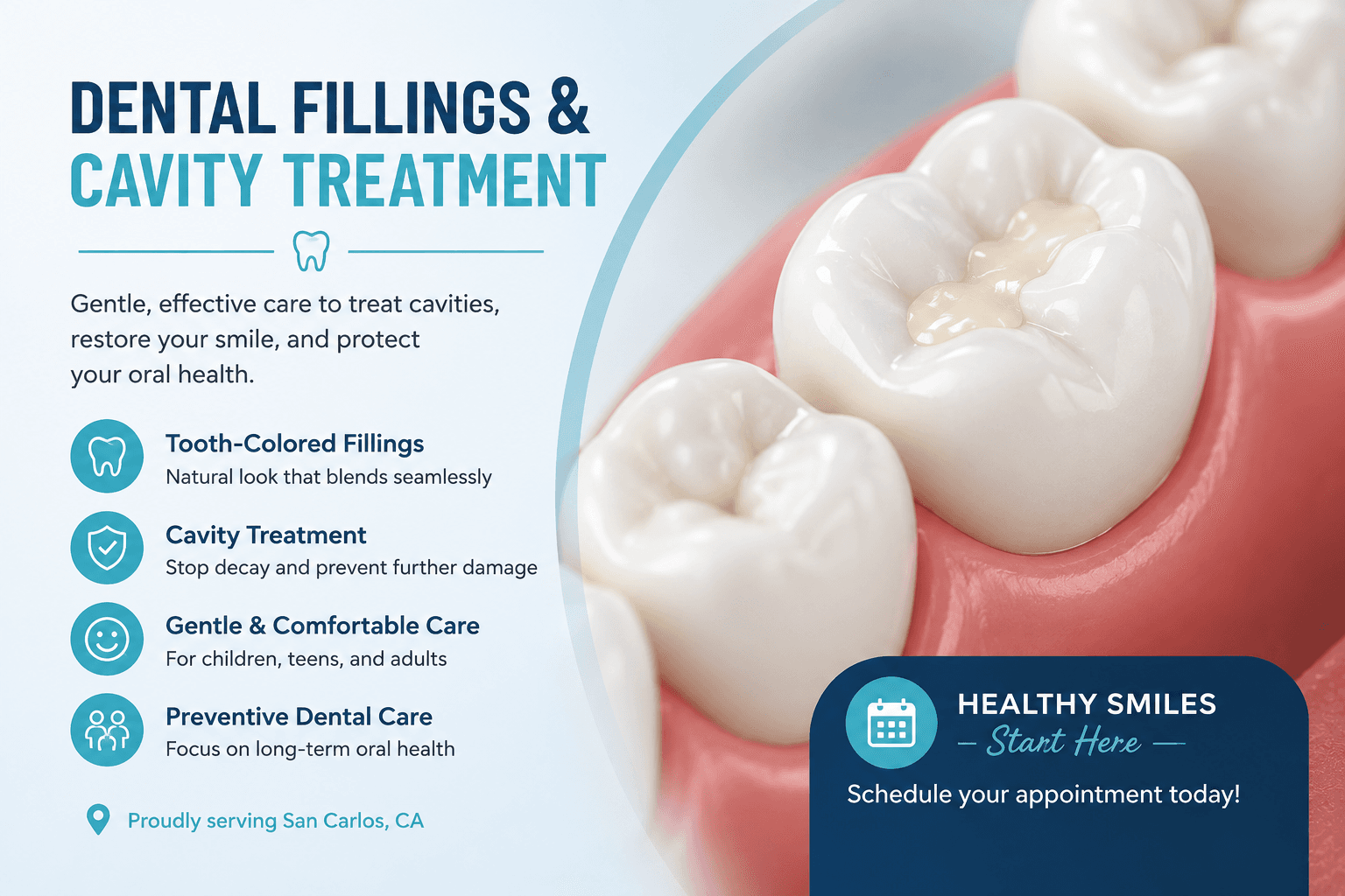 Exterior of Aashvi Smiles Dental Group in San Carlos, CA, with dental practice signage near the San Carlos Caltrain Station.